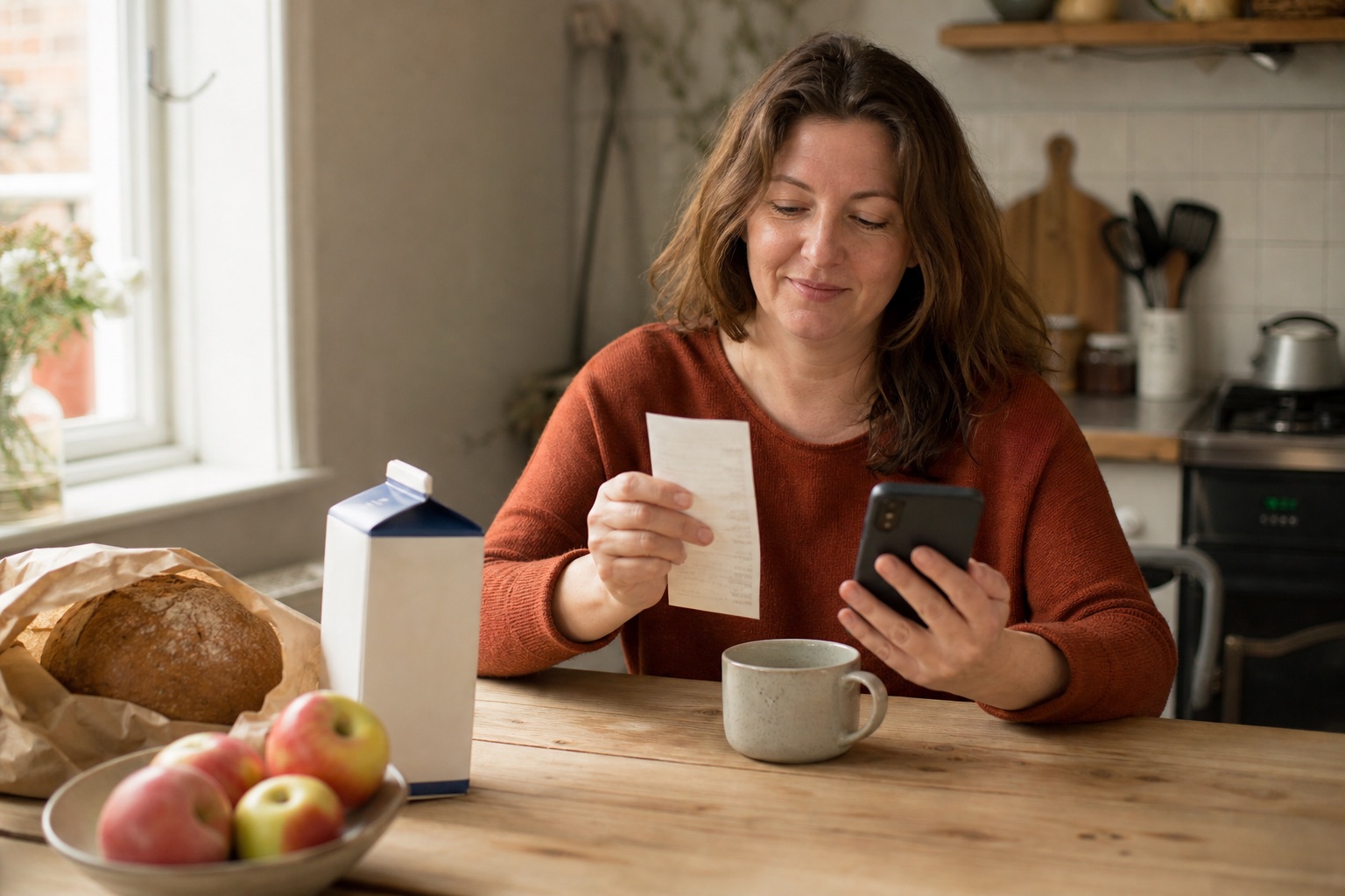 Iemand bekijkt aan de keukentafel een kassabon en een telefoon, met boodschappen ernaast